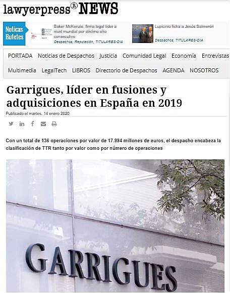 Garrigues, lder en fusiones y adquisiciones en Espaa en 2019